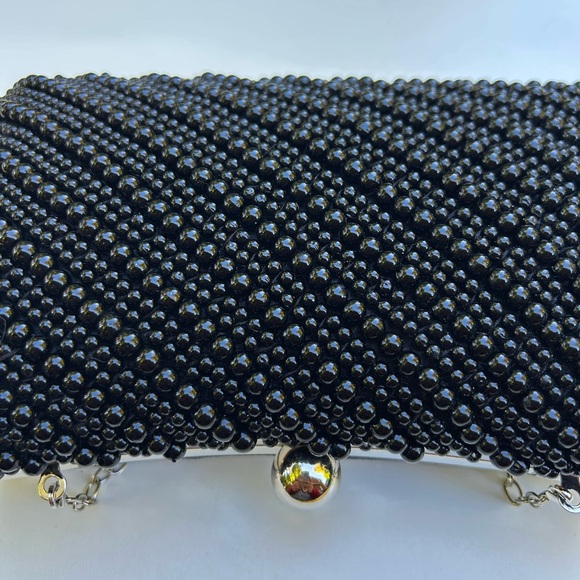 Elegant Black Beaded Clutch, Silver Chain & Hardware, Evening Bag - Picture 3 of 5